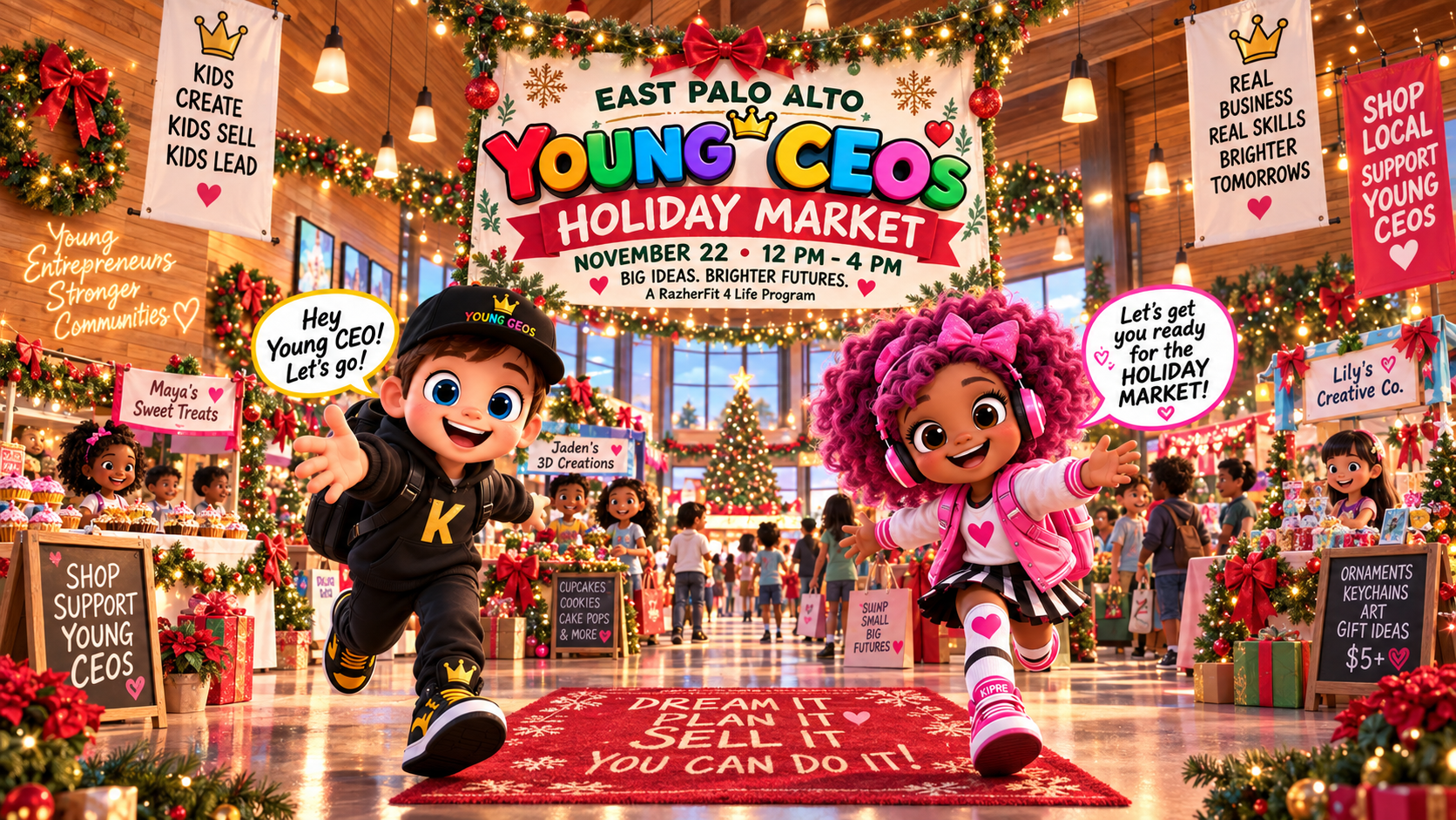 Young CEOs running colorful kid-owned businesses at a festive holiday market